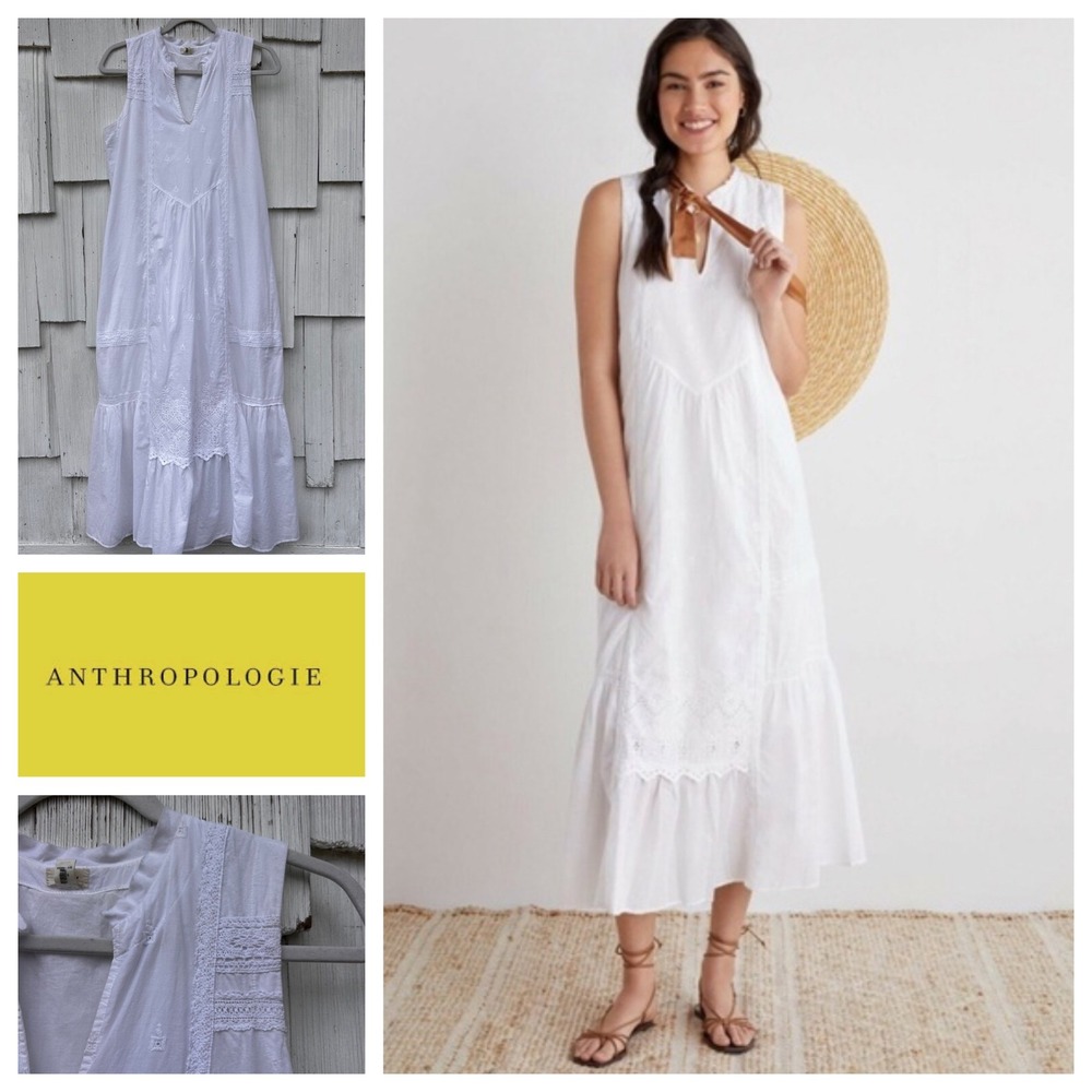 Anthropologie TINY White Cotton Eyelet‎ Lace Tiered Boho Maxi Dress Small